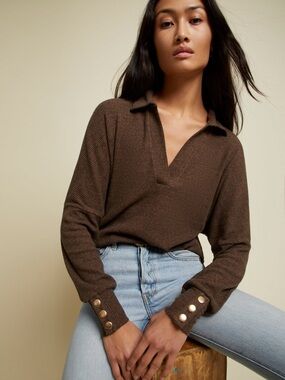 Nation LTD Brown Ribbed V-Neck Polo Sweater with Button Cuffs